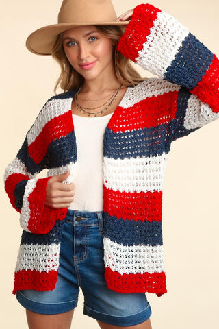 Full Size Open Front Long Sleeve Stripe Cardigan