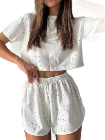 Eyelet Round Neck Top and Shorts Set