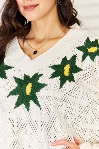 Floral Embroidered Pattern V-Neck Sweater