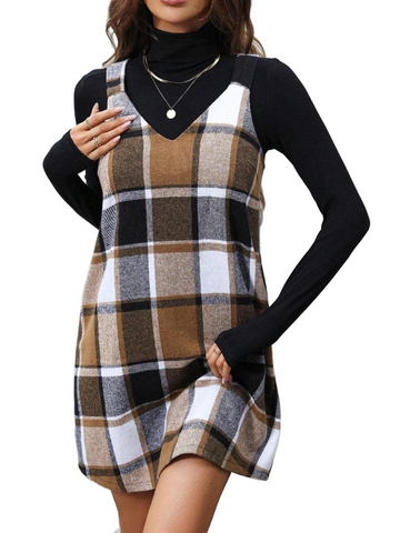 Plaid V-Neck Wide Strap Dress