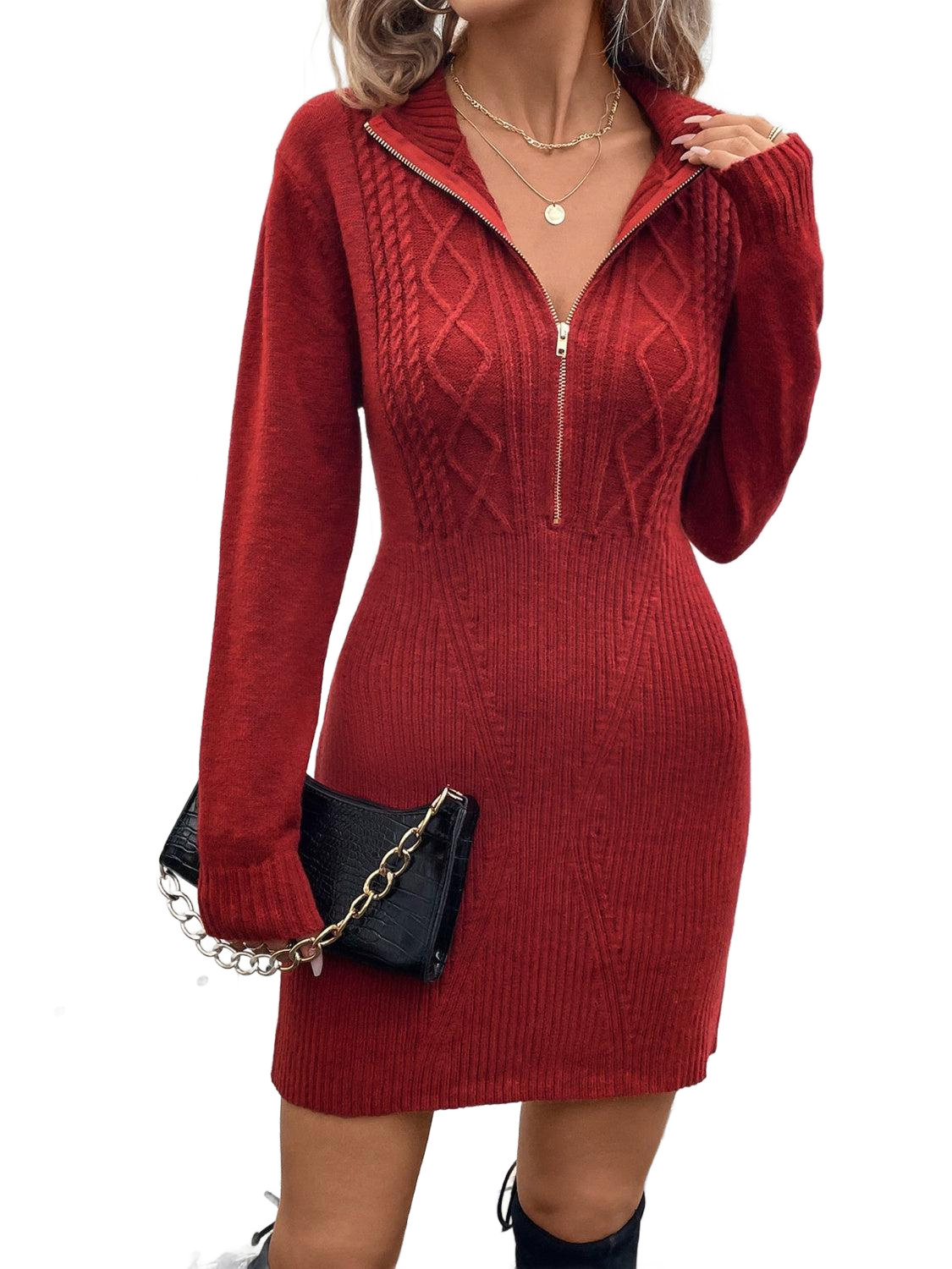 Cable-Knit Half Zip Long Sleeve Sweater Dress