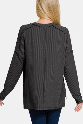 Banana Texture Exposed Seam V-Neck Long Sleeve T-Shirt