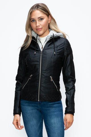 PMI Faux Layered Double-Zipper Jacket with Fuzzy Hood