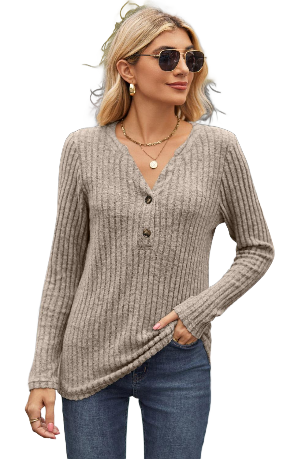 Ribbed Half Button Long Sleeve Knit Top