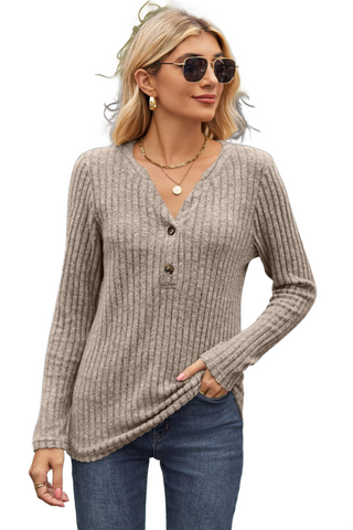 Ribbed Half Button Long Sleeve Knit Top