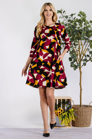 Full Size Geometric Round Neck Dress with Pockets