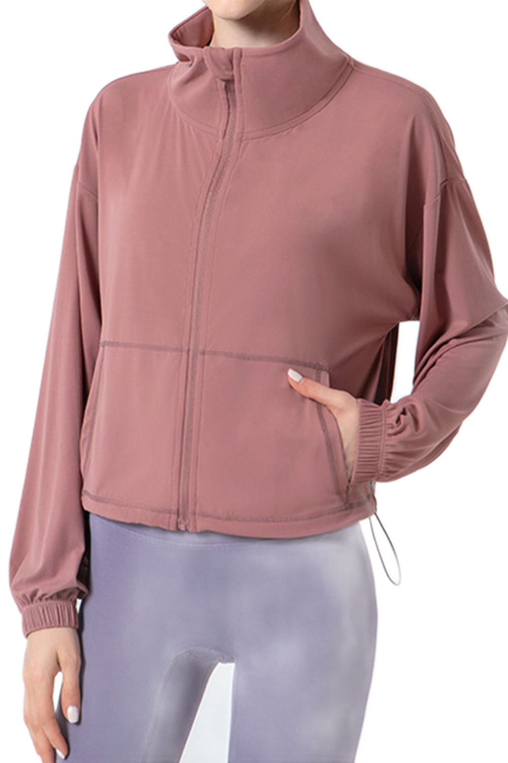 Drawstring Zip Up Dropped Shoulder Active Outerwear