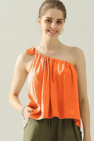 Nine xis One Shoulder Bow Tie Strap Satin Silk Top