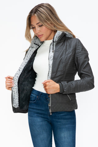 PMI Faux Layered Double-Zipper Jacket with Fuzzy Hood