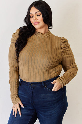 Full Size Ribbed Mock Neck Puff Sleeve T-Shirt