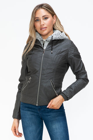 PMI Faux Layered Double-Zipper Jacket with Fuzzy Hood