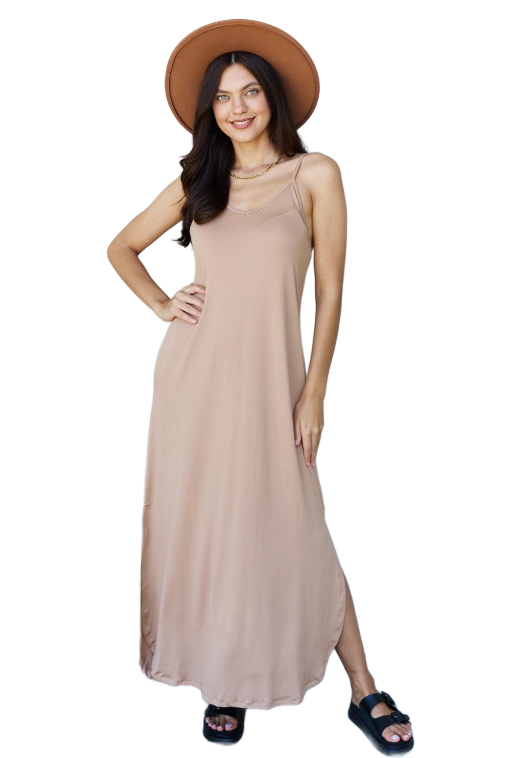 Full Size Cami Side Slit Maxi Dress in Camel