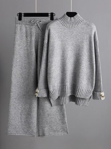 Basic Be High-Low Turtleneck Long Sleeve Top and Pants Sweater Set