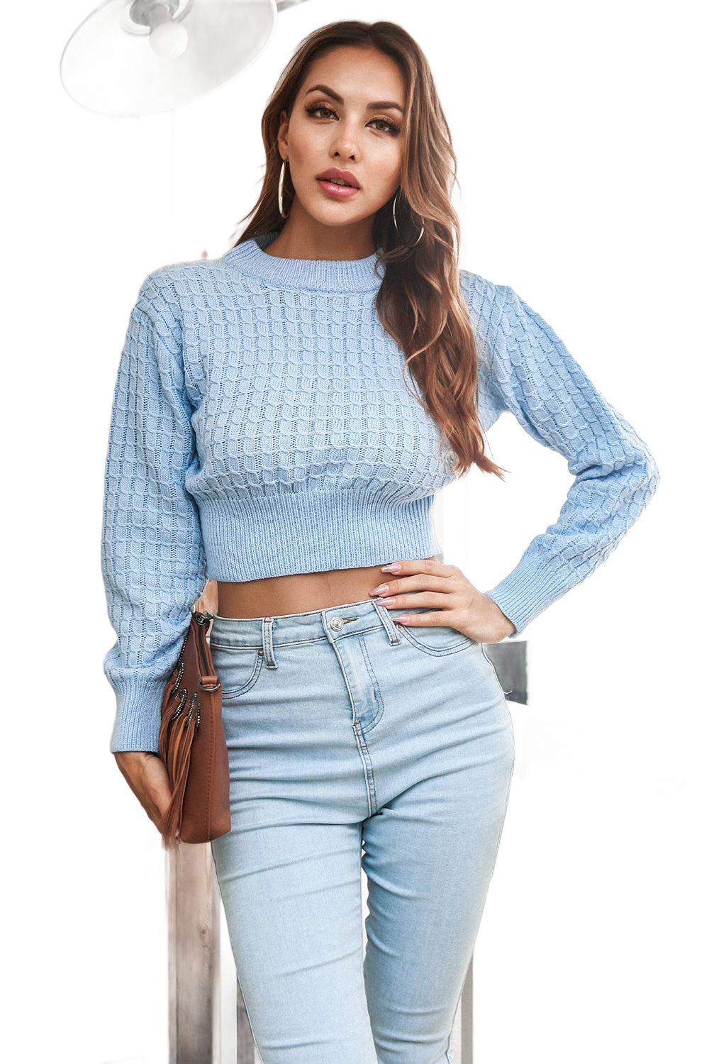 Round Neck Long Sleeve Cropped Sweater