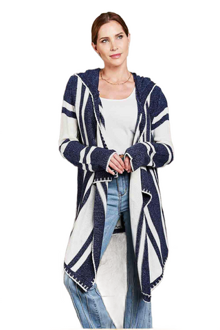 Woven Right Striped Open Front Hooded Cardigan