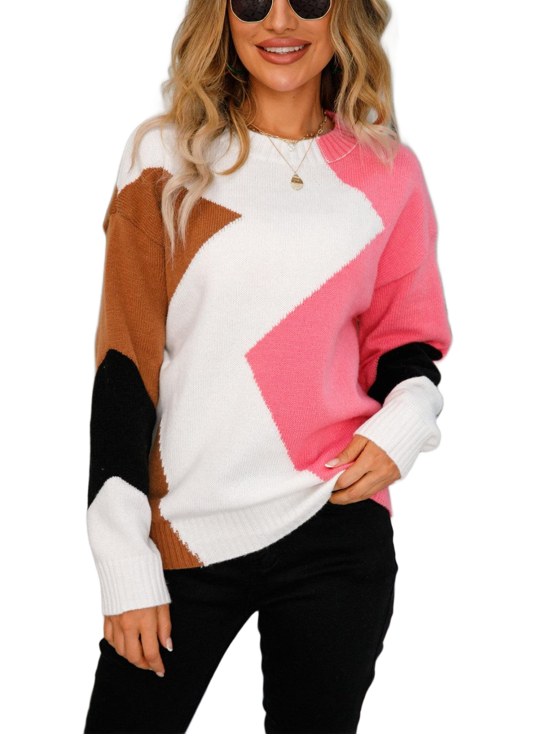 Color Block Round Neck Dropped Shoulder Sweater