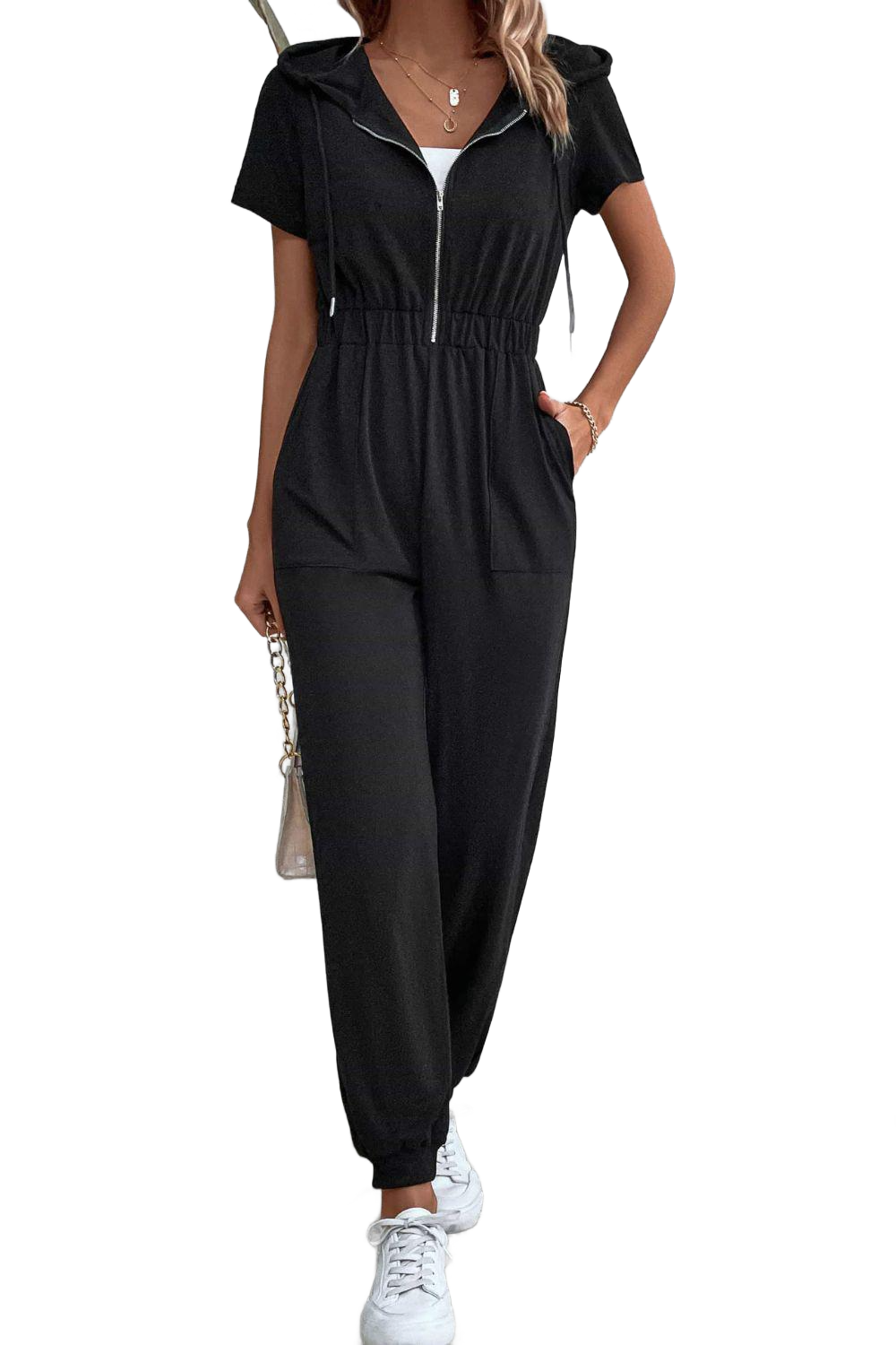 Zip-Up Short Sleeve Hooded Jumpsuit with Pockets