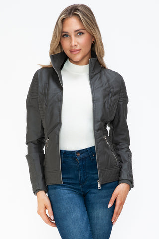 PMI Faux Layered Double-Zipper Jacket with Fuzzy Hood