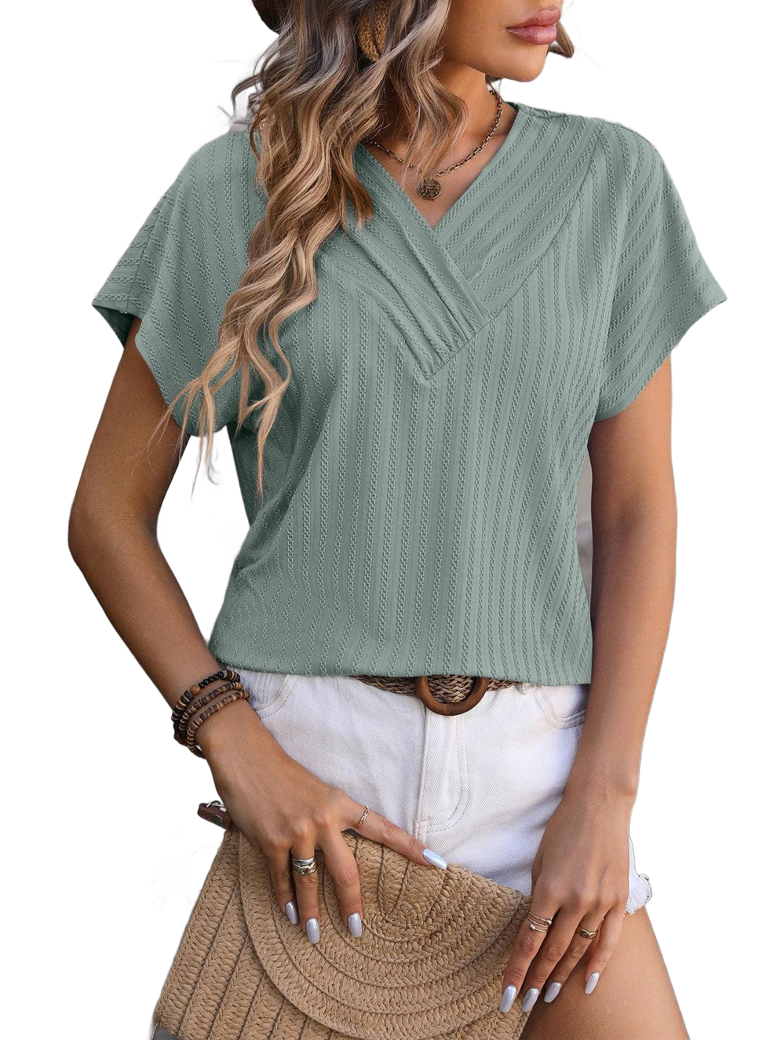 Textured Surplice Short Sleeve Blouse