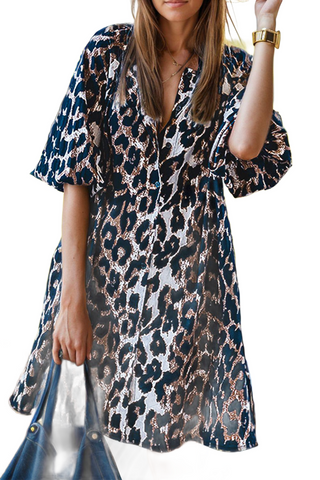 Leopard Button Up Half Sleeve Mini Dress