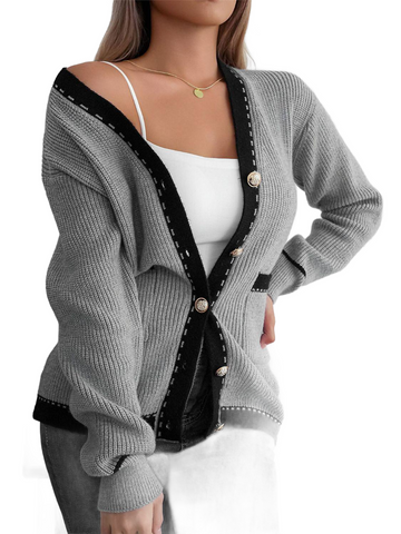 Contrast Trim Button Up Long Sleeve Cardigan