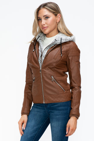 PMI Faux Layered Double-Zipper Jacket with Fuzzy Hood