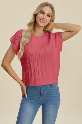 Full Size Cable-Knit Round Neck Short Sleeve Sweater