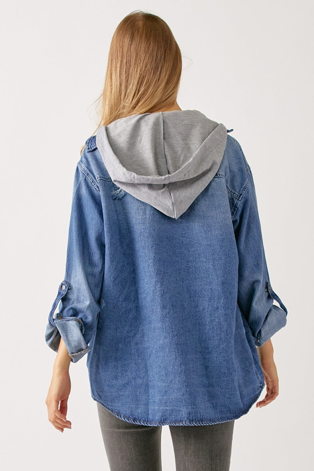 Zip Up Hooded Denim Shirt