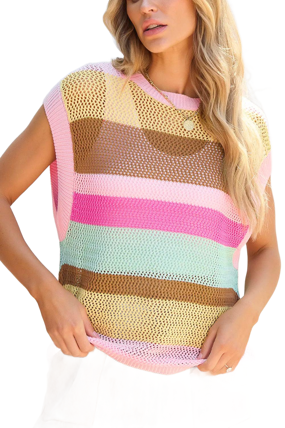 Color Block Round Neck Cap Sleeve Knit Top