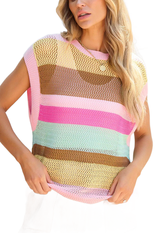 Color Block Round Neck Cap Sleeve Knit Top