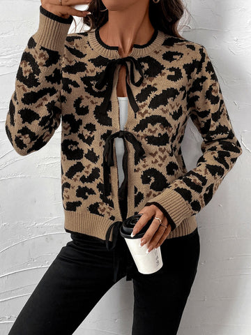 Tied Leopard Long Sleeve Cardigan