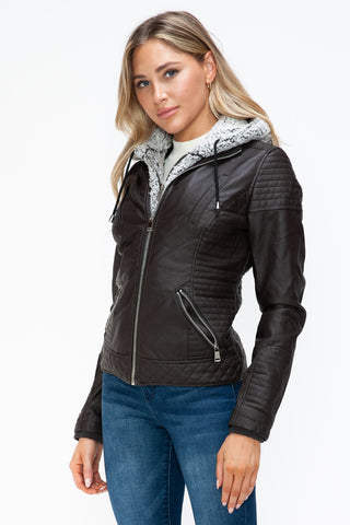 MI Faux Layered Double-Zipper Jacket with Fuzzy Hood