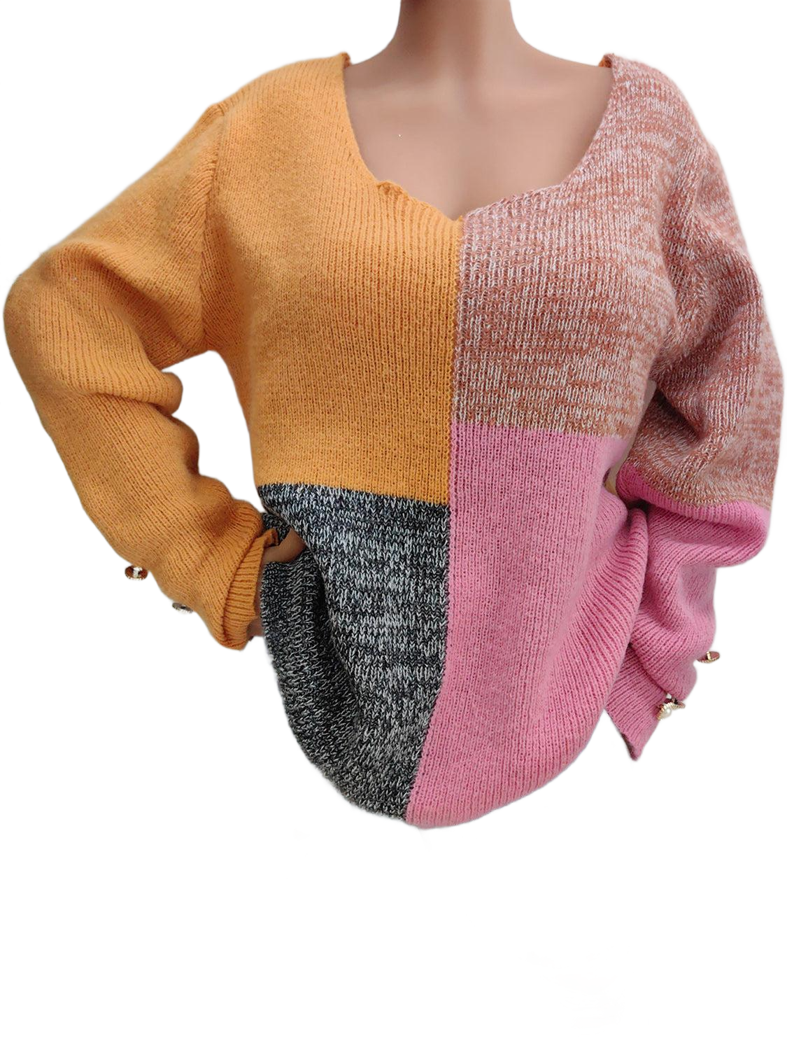 Color Block Decorative Button Long Sleeve Sweater