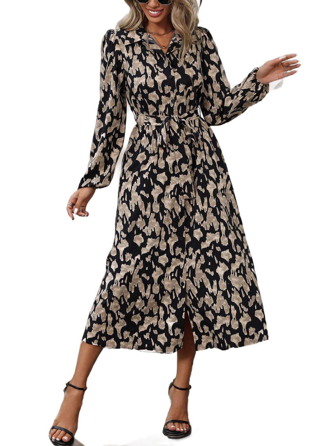 Printed Long Sleeve Midi Dress