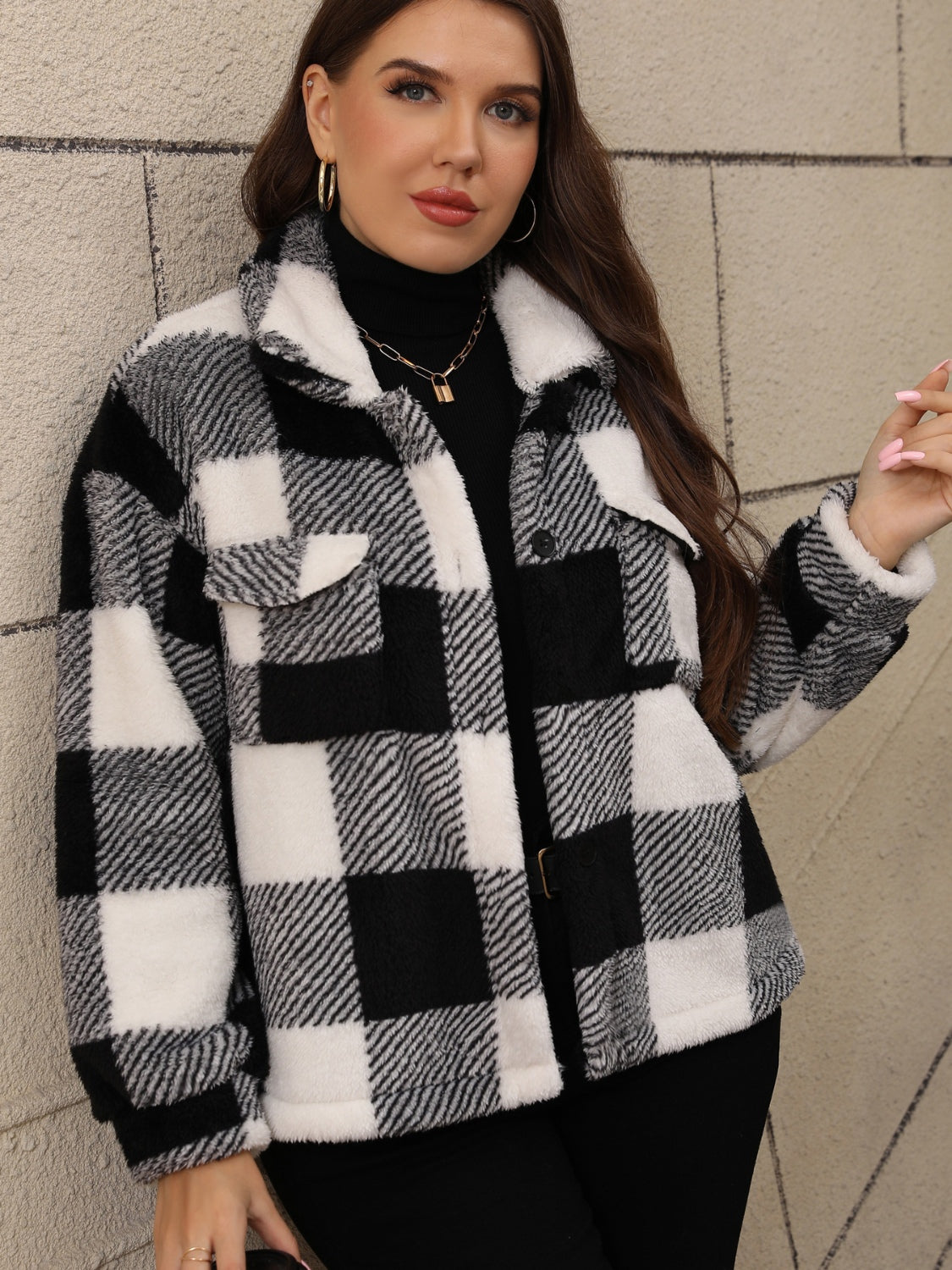 Plus-Size Pocketed Plaid Collared Neck Jacket