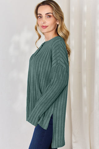 Full Size Ribbed Half Button Long Sleeve High-Low T-Shirt