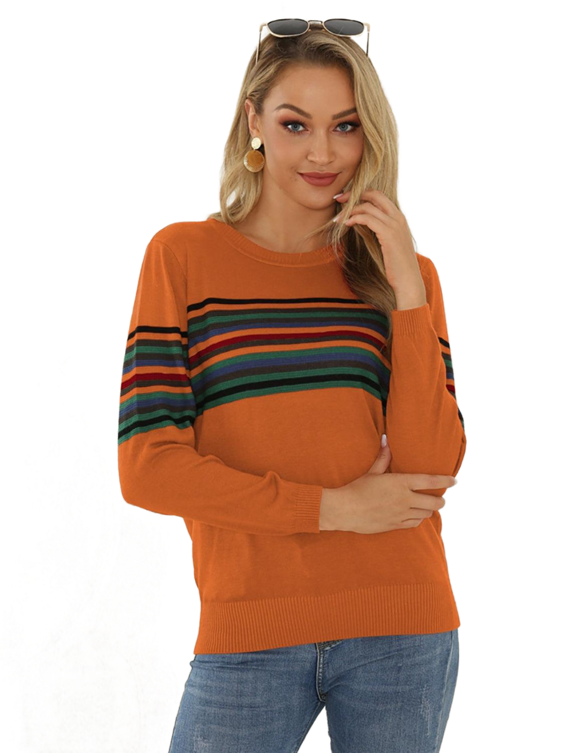 Striped Round Neck Long Sleeve Sweater