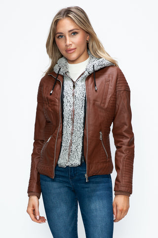 MI Faux Layered Double-Zipper Jacket with Fuzzy Hood