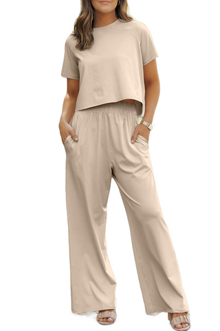 Round Neck Short Sleeve Top and Pants Set