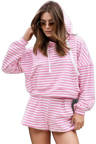 Drawstring Striped Hooded Top and Shorts Set