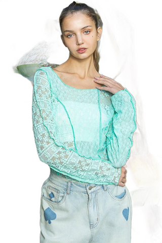 Exposed Seam Long Sleeve Lace Knit Top