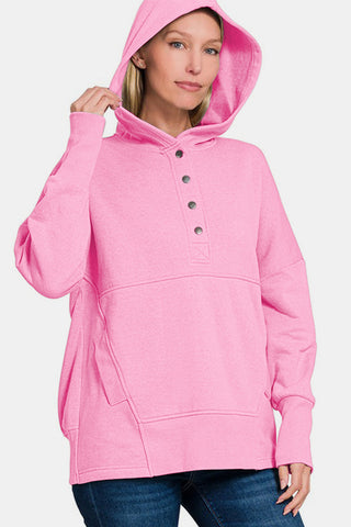 Banana Half Snap Long Sleeve Hoodie with Kangaroo Pocket