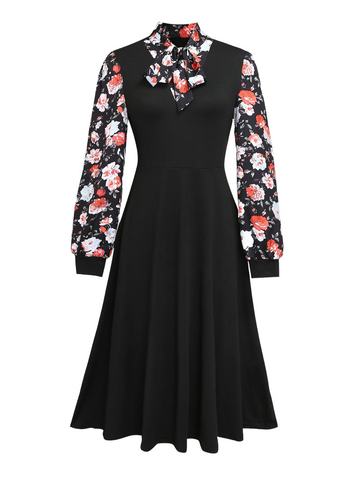 Printed Tie Neck Long Sleeve Midi Dress