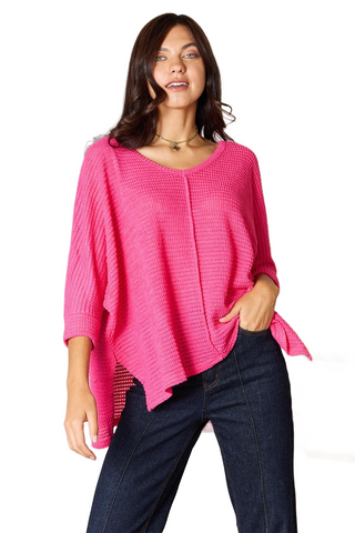 Full Size Round Neck High-Low Slit Knit Top