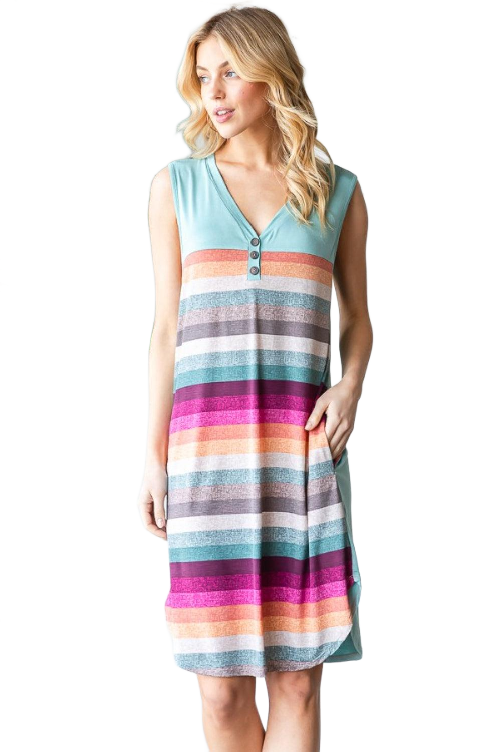 Full Size Striped Sleeveless V Neck Dress