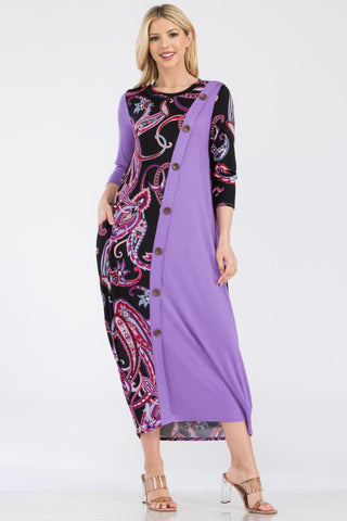 Full Size Paisley Contrast Midi Dress with Pockets