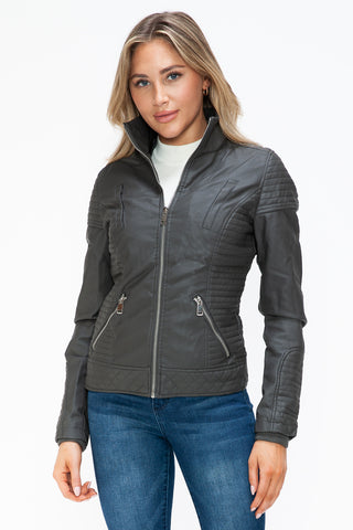 PMI Faux Layered Double-Zipper Jacket with Fuzzy Hood