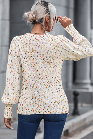 Feathered Round Neck Lantern Sleeve Sweater