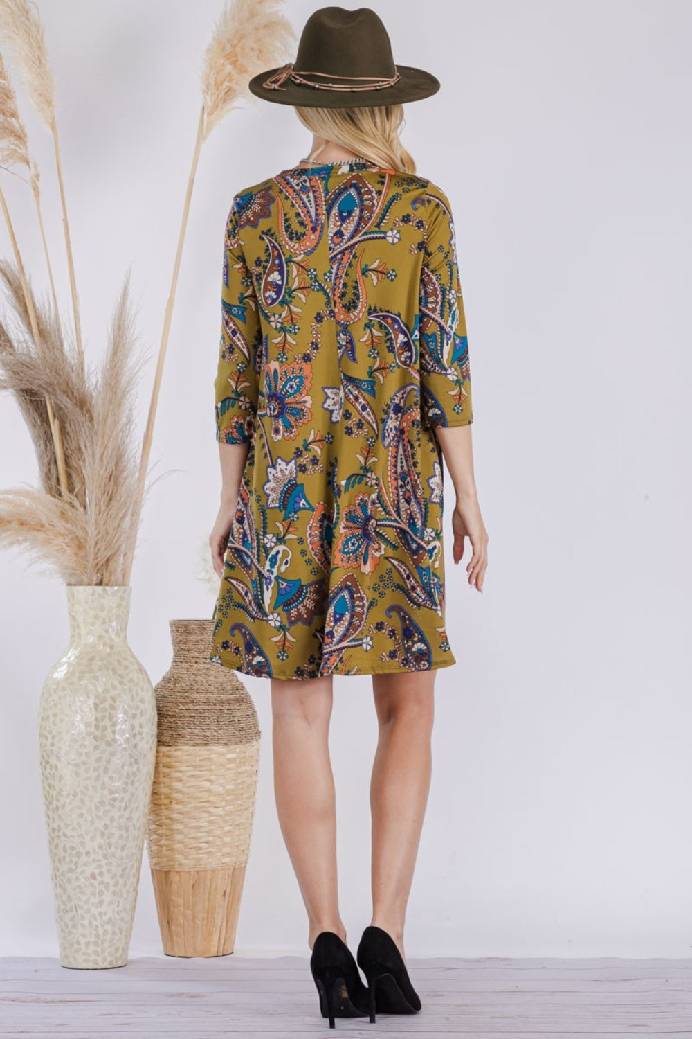 Full Size Paisley Print Round Neck Dress with Pockets