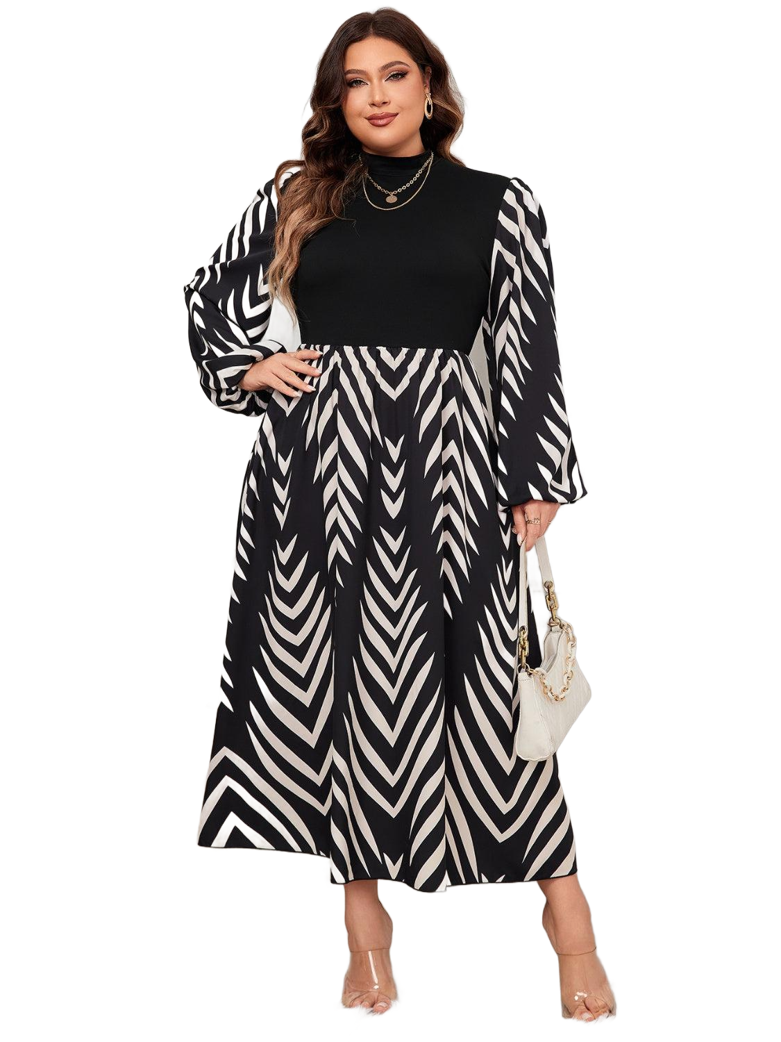 Plus Size Printed Mock Neck Long Sleeve Midi Dress